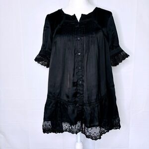 Lapis Y2K Black Lace Trim Babydoll Blouse Short Sleeve Top Medium Whimsigoth